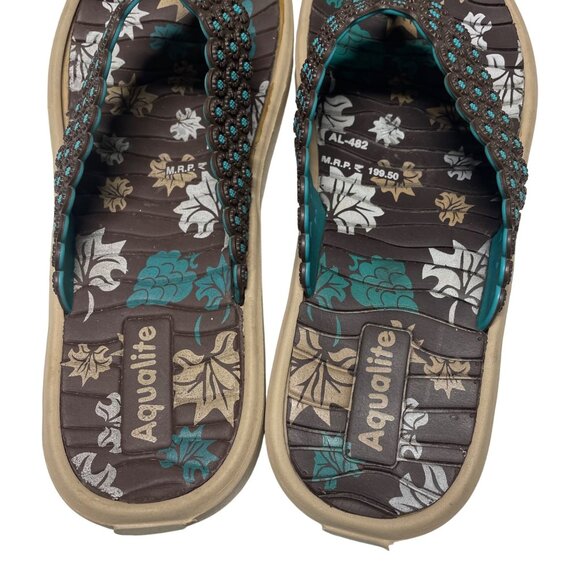 Womens Size 6 Flip Flops -Brown & Teal Aqualite Flip With Floral Print Embellish - Picture 5 of 6